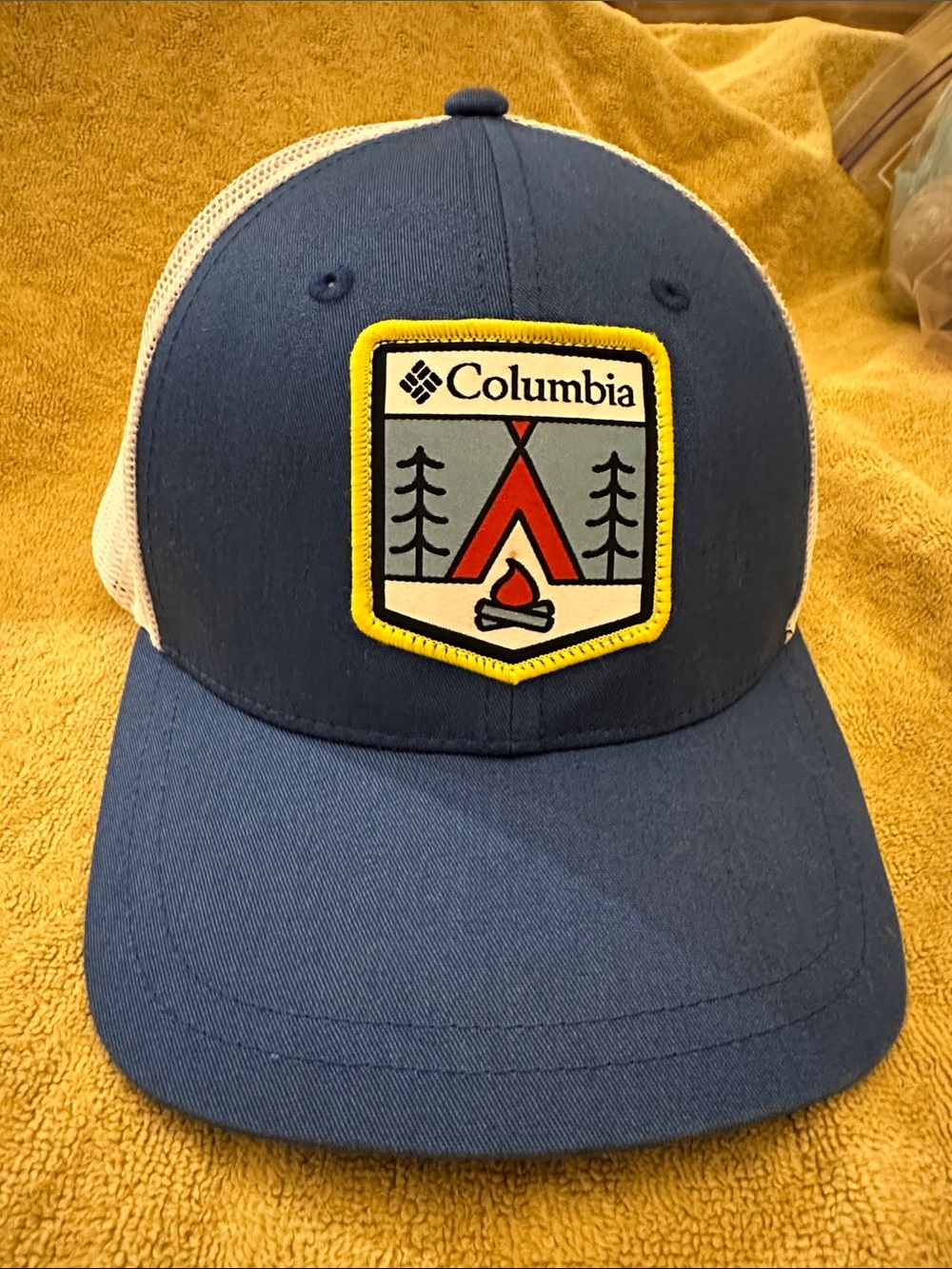 Columbia Navy, White & Yellow Camping Patch Trucker Hat